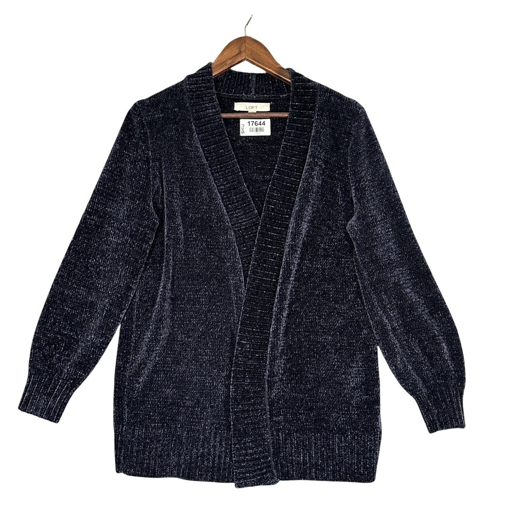 LOFT Cardigan Women Medium Navy Blue Chenille Open Front Ribbed Excellent